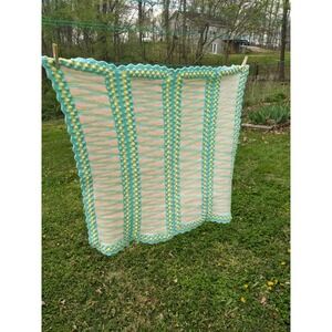 Vintage Hand Crocheted Baby Blanket Yellow/Aqua Blue And Pink